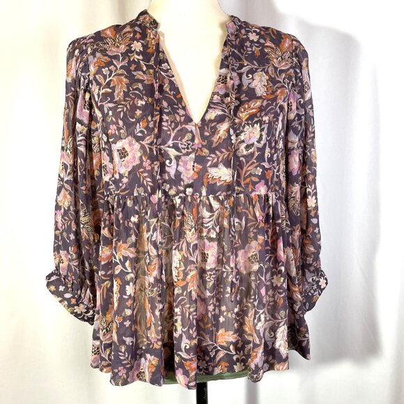 Dear John Size Small Malia Top Golden Iris Floral Multi Flowy Boho Semi Sheer - Picture 5 of 15